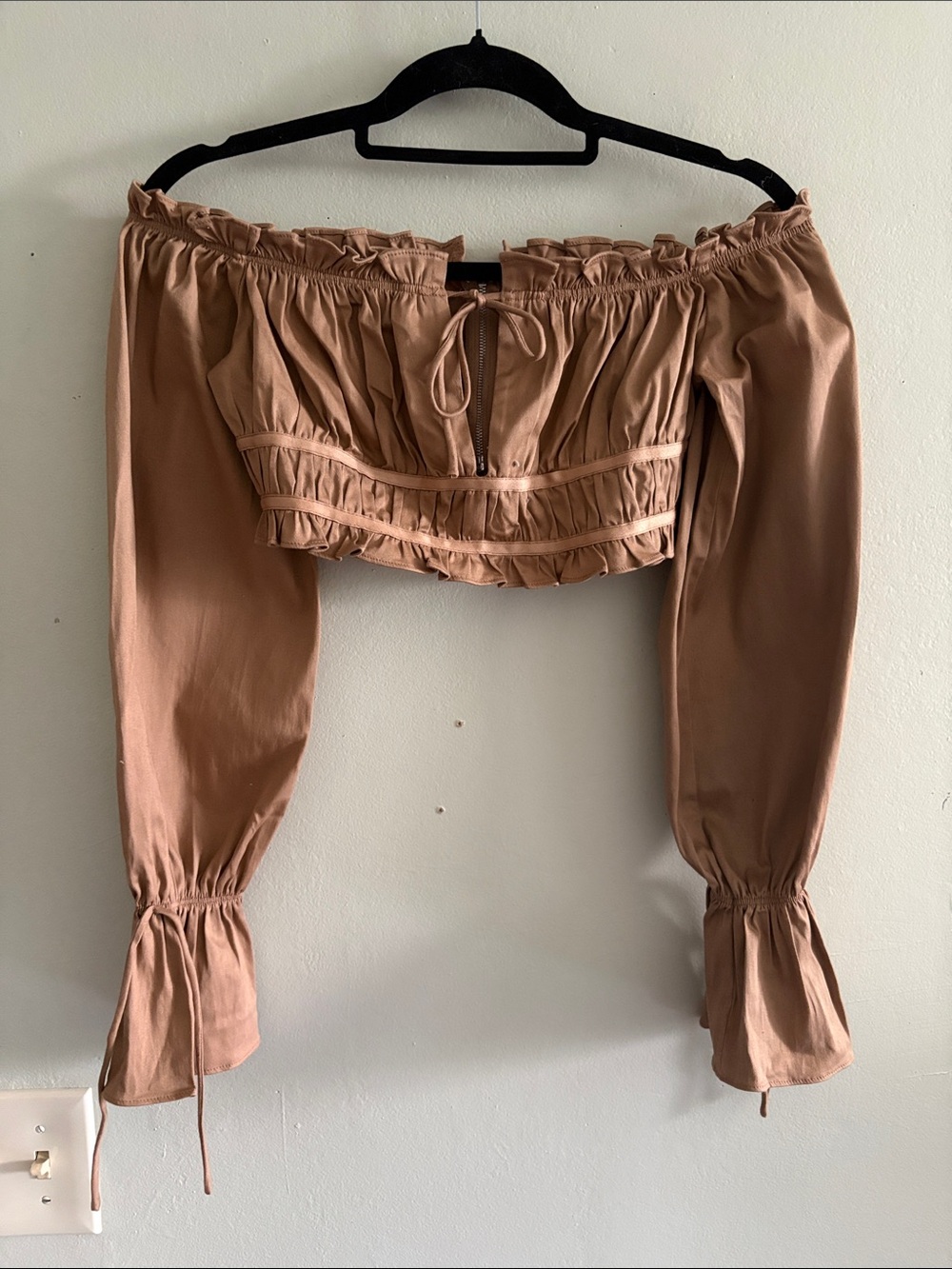White fox shirred satin off-the-shoulder crop top S
